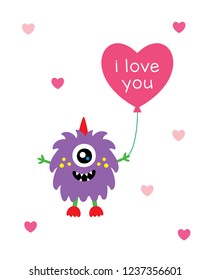 cute monster valentine greeting card with balloon