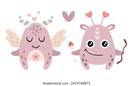 Cute Monster Valentines clípart. Clásico de San Valentín. Amor a los monstruos en el estilo plano de las caricaturas. Ilustración vectorial.