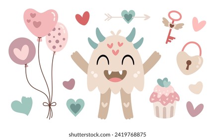 Cute Monster Valentines clípart. Clásico de San Valentín. Amor a los monstruos en el estilo plano de las caricaturas. Ilustración vectorial.