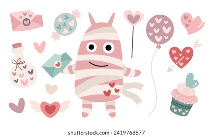 Cute Monster Valentines clípart. Clásico de San Valentín. Amor a los monstruos en el estilo plano de las caricaturas. Ilustración vectorial.