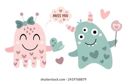 Cute Monster Valentines clipart. Valentines Day clipart. Monster love in cartoon flat style. Vector illustration.