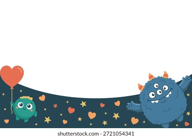 Fondo lindo del día de San Valentín del monstruo con el espacio inferior de la copia del borde. Plantilla con criatura peluda dando abrazos gratis. Diseño plano de Vector para Anuncio o tarjeta de felicitación amigable con los niños.