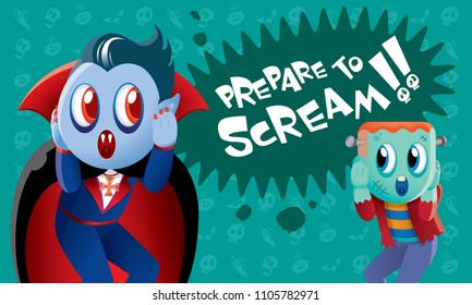 A cute monster and vampire with spooky background.
