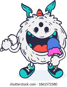 A cute monster vector graphic illustration holding an ice cream, perfect for cold drink wallpapers, ice cream mascot drawings, cute children's book drawings, etc.