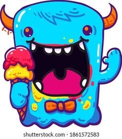 A cute monster vector graphic illustration holding an ice cream, perfect for cold drink wallpapers, ice cream mascot drawings, cute children's book drawings, etc.