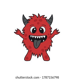 Personaje de dibujos animados de ilustraciones vectoriales monstruosas. Dibujado a mano delineado animal peludo negro y rojo espeluznante con cuernos. aislado.