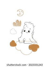 Cute monster. Vector poster, card for the kids room. Cute monster sitting on a cloud