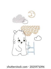 Cute monster. Vector poster, card for the kids room. Cute monster sitting on a cloud