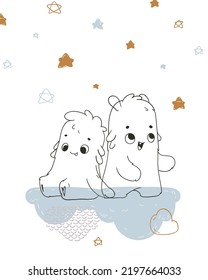 Cute monster. Vector poster, card for the kids room. Cute monster sitting on a cloud