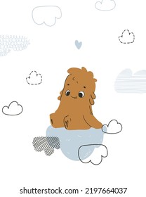 Cute monster. Vector poster, card for the kids room. Cute monster sitting on a cloud