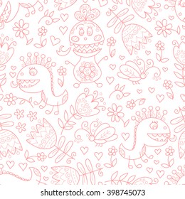 Cute monster vector seamless pattern. Funny background with monsters and flowers.