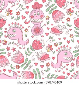 Cute monster vector seamless pattern. Funny background with monsters and flowers.