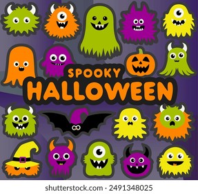 Cute monster vector set. Happy Halloween. Colorful monster face in flat style. Cartoon funny characters with emotions. 