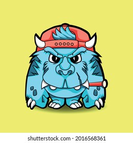 Cute monster wearing hat design illustration on white background. Blue cute monster .