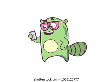 Cute Monster wearing sunglasses and using phone. Vector Illustration. Isolated on white Background. 