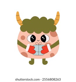 Cute Monster. Winter monsters wearing mittens, holding a gift in his hands. Vector hand Drawn illustration on a white background