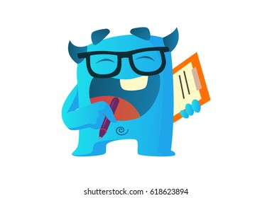 Cute Monster yawning and holding pen and notes in hands . Vector Illustration. Isolated on white background.