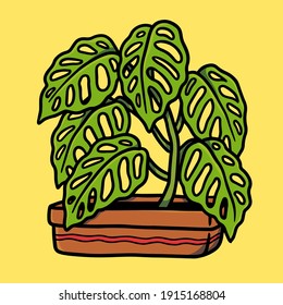 Cute Monstera Adansonii Old School Tattoo Illustration