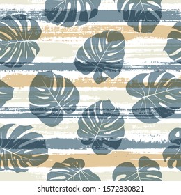 Cute monstera philodendron liana hole leaves overlaying stripes vector seamless pattern. Caribbean forest foliage swimwear textile print. Geometric floral tropical leaves seamless.