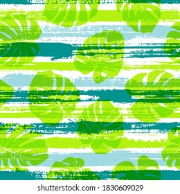 Cute monstera philodendron liana hole leaves overlapping stripes vector seamless pattern. Polynesian exotic foliage swimwear textile print. Geometric floral tropical leaves seamless.