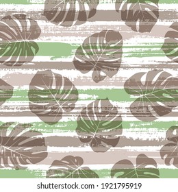 Cute monstera philodendron liana hole leaves overlaying stripes vector seamless pattern. Indonesian jungle foliage beach fashion fabric print. Tropical leaves silhouettes wallpaper.