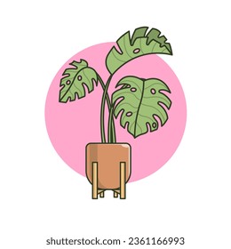 Cute Monstera Plant In Pot Cartoon Vector Icon Illustration. Nature Object Icon Concept Isolated Premium Vector. Flat Cartoon Style