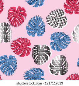 Cute monstera tropical leaves repeat with hand drawing polka dots and line check grid seamless pattern vector design for fashion,fabric and all prints on sweet pink background