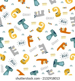 Cute monsters ABC alphabet seamless pattern. Funny and simple comic font in cartoon style. Various monster characters. Colorful isolated hand drawn doodles on white background