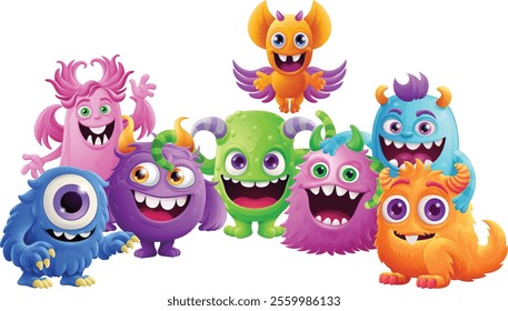 Cute monsters or aliens friends cartoon Halloween characters illustration