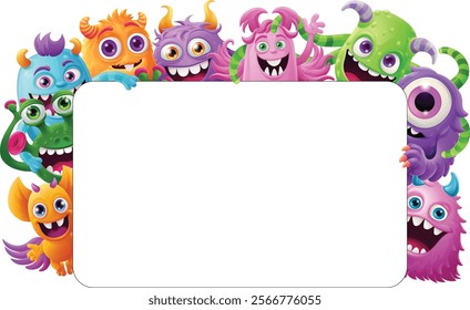 Cute monsters or aliens friends cartoon Halloween characters frame border illustration around a black background sign frame.