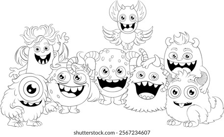 Cute monsters or aliens friends cartoon Halloween characters illustration