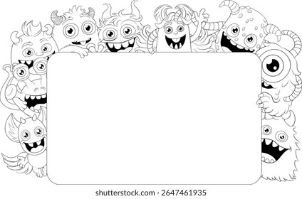 Cute monsters or aliens friends cartoon Halloween characters frame border illustration around a black background sign frame.
