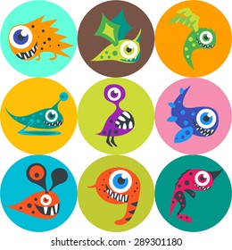 Cute monsters and aliens. Vector icon set. 