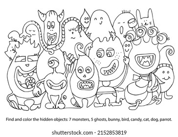 Cute Monsters with animals and ghosts. Find and coloring Hidden Objects. Puzzle game. Colouring book. Printable education worksheet. Sketch vector illustration.