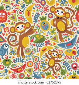 Cute monsters and animals seamless texture. Vector colorful pattern for you background.