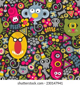 Cute monsters balloons seamless pattern on dark background. Vector party texture for you backdrop. 