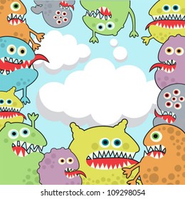 Cute monsters banner cloud shape. Vector illustration.