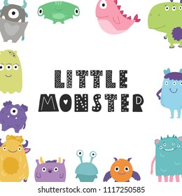 Cute monsters banner, hand drawn cartoon poster. Vector Illustration design for cards, posters, t-shirts, invitations, baby shower, birthday, room decor.