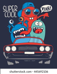 cute monsters in car  vector design