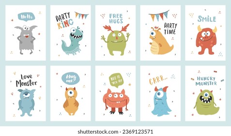 Cute monsters cards set. Cartoon monsters collection. Vector illustration