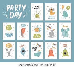 Cute monsters cards set. Cartoon monsters collection. Vector illustration