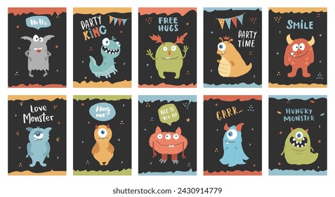 Cute monsters cards set. Cartoon monsters collection. Vector illustration