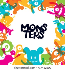 Cute  Monsters Cartoon Characters Frame, Shape and Colorful Vector Illustration