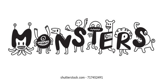 Cute  Monsters Cartoon Characters, Text and Drawing Vector Illustration