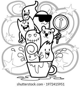 Cute monsters cartoon  coffee cup hand drawn doodles style for  Coloring book page and design element. Vector illustration.