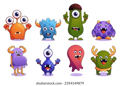 Cute monsters. Cartoon colorful fairy creature with funny eyes and mouth, alien animal mascot characters in flat style. Vector colorful set of animal creature funny illustration