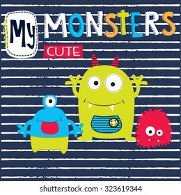 cute monsters cartoon on striped background vector illustration