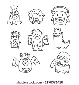Cute monsters cartoon vector doodles isolated.  Hand drawn vector doodle design for girls, boys, kids. Hand drawn children's illustration for fashion clothes, shirt, fabric, postcard