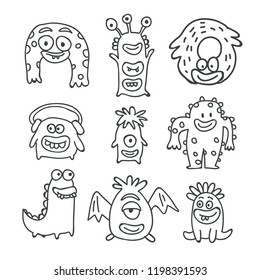 Cute monsters cartoon vector doodles isolated.  Hand drawn vector doodle design for girls, boys, kids. Hand drawn children's illustration for fashion clothes, shirt, fabric, postcard