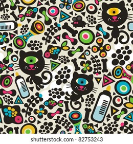 Cute monsters cats seamless pattern. Vector colorful texture for you background.